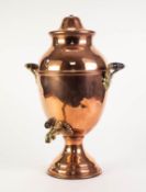 NINETEENTH CENTURY COPPER AND BRASS TWO HANDLED PEDESTAL TEA URN, of slender ovoid form with