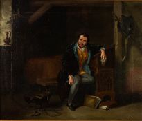 BRITISH SCHOOL (NINETEENTH CENTURY)  OIL PAINTING ON CANVAS An imprisoned man in an interior in