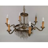 TWENTIETH CENTURY GILT METAL AND CUT GLASS SIX BRANCH ELECTROLIER, with waterfall lower section, 26?