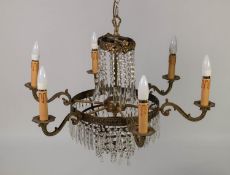 TWENTIETH CENTURY GILT METAL AND CUT GLASS SIX BRANCH ELECTROLIER, with waterfall lower section, 26?