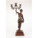 MODERN REPRODUCTION PATINATED METAL FIGURAL LARGE CANDELABRUM, modelled as a classical female figure
