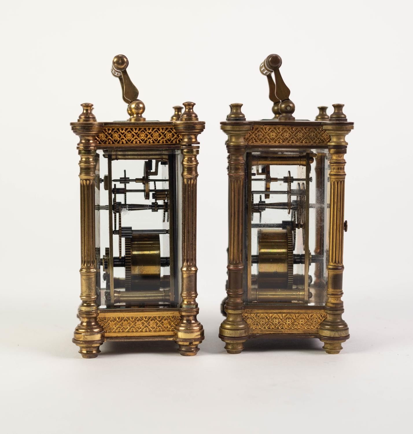 EARLY TWENTIETH CENTURY PAIR OF GILT BRASS CARRIAGE CLOCKS, each with white enamelled Roman dial, - Image 3 of 3