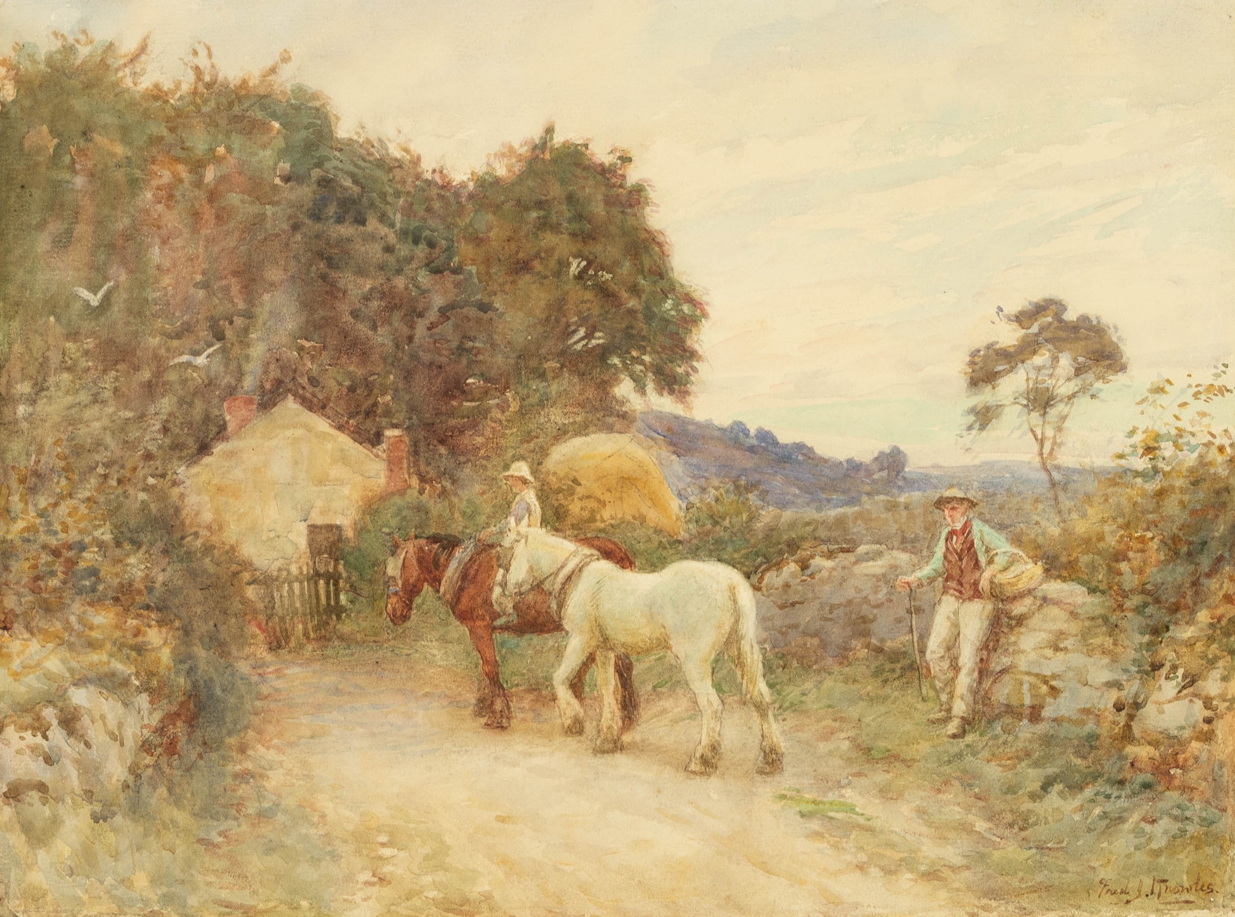 FRED J. KNOWLES (1874-1931)  WATERCOLOUR DRAWING  Rural lane with man leading two plough horses,