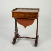 EARLY VICTORIAN FIGURED WALNUT LADY?S SEWING TABLE, the moulded oblong top with pierced gilt metal