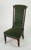 NINETEENTH CENTURY CARVED ROSEWOOD PRIE DIEU CHAIR, the padded, scroll back with barley twist