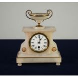 LATE NINETEENTH CENTURY FRENCH GILT METAL MOUNTED ALABASTER MANTLE CLOCK, the 3” Roman dial powe