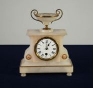 LATE NINETEENTH CENTURY FRENCH GILT METAL MOUNTED ALABASTER MANTLE CLOCK, the 3” Roman dial powe