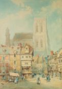 THOMAS EDWARD FRANCIS (1873 - 1961) WATERCOLOUR DRAWING Abbeville, with numerous figures,