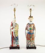 PAIR OF MODERN ORIENTAL TABLE LAMPS, each modelled with a porcelain figure beneath a cream