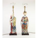 PAIR OF MODERN ORIENTAL TABLE LAMPS, each modelled with a porcelain figure beneath a cream