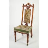 VICTORIAN CARVED WALNUT PRIE DIEU CHAIR, the back with pierced scroll cresting, central