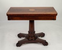 EARLY NINETEENTH CENTURY INLAID AND FIGURED MAHOGANY PEDESTAL CARD TABLE, the flame cut, rounded