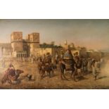 L. GORTAN  OIL PAINTING ON CANVAS  Crowds outside an Arabic city walls, figures with camels and a
