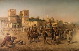 L. GORTAN  OIL PAINTING ON CANVAS  Crowds outside an Arabic city walls, figures with camels and a