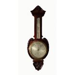 EARLY TWENTIETH CENTURY MAHOGANY STAINED FRUITWOOD PRESENTATION ANEROID BANJO BAROMETER BY THOMAS