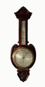 EARLY TWENTIETH CENTURY MAHOGANY STAINED FRUITWOOD PRESENTATION ANEROID BANJO BAROMETER BY THOMAS