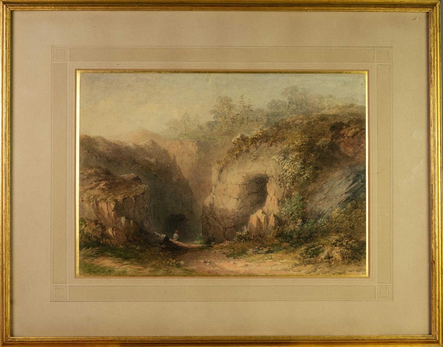 DAVID COX JUNIOR (1908-1885)  WATERCOLOUR  A figure at the entrance to a ravine, signed and dated - Image 2 of 2