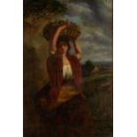 ENGLISH SCHOOL (NINETEENTH CENTURY) OIL PAINTING ON RELINED CANVAS A lady holding aloft a basket