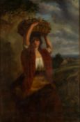 ENGLISH SCHOOL (NINETEENTH CENTURY) OIL PAINTING ON RELINED CANVAS A lady holding aloft a basket