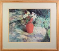 JACKIE SIMMONDS (b.1944) PASTEL DRAWING ?The Red Vase? Signed, tilted to artist label verso 14 ½?