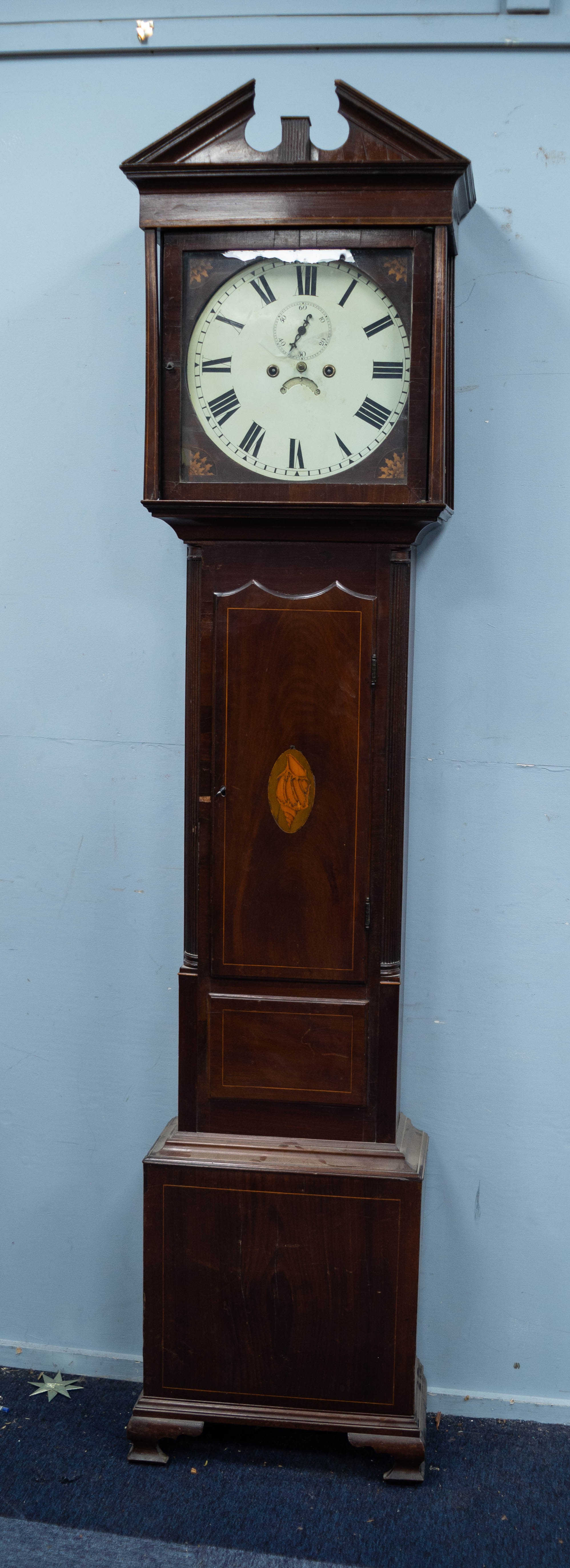 EARLY NINETEENTH CENTURY INLAID MAHOGANY LONGCASE CLOCK, the 14? painted circular dial with