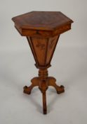 VICTORIAN INLAID OAK SEWING TABLE, the hinged octagonal top with central floral inlay, enclosing a