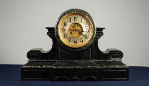 IMPRESSIVE LATE VICTORIAN BLACK SLATE MANTLE CLOCK WITH BLACK VINED MARBLE TRIM, the 7? silvered