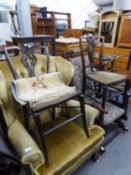 A PAIR OF EDWARDIAN DRAWING ROOM CHAIRS AND AN INLAID ARMCHAIR (A.F.) (3)