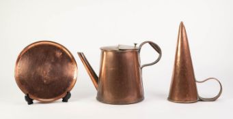 AGED COPPER GARDEN WATERING CAN, with hinged lid and scroll handle, 8? (20.3cm) high, together