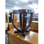 ART DECO WALNUT CIRCULAR COFFEE TABLE, ON  TWO CURVED CONTINUOUS SUPPORTS (AS FOUND)