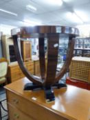 ART DECO WALNUT CIRCULAR COFFEE TABLE, ON  TWO CURVED CONTINUOUS SUPPORTS (AS FOUND)