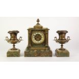 EDWARDIAN GILT METAL MOUNTED GREEN ONYX THREE PIECE PRESENTATION CLOCK GARNITURE, RETAILED BY JOHN