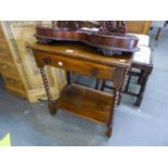 A SMALL JACOBEAN STYLE OAK OBLONG SIDE TABLE WITH FRIEZE DRAWER, ON FOUR SPIRALLY FLUTED FRONT LEGS,