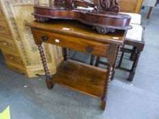A SMALL JACOBEAN STYLE OAK OBLONG SIDE TABLE WITH FRIEZE DRAWER, ON FOUR SPIRALLY FLUTED FRONT LEGS,
