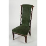 NINETEENTH CENTURY CARVED ROSEWOOD PRIE DIEU CHAIR, the padded, scroll back with barley twist