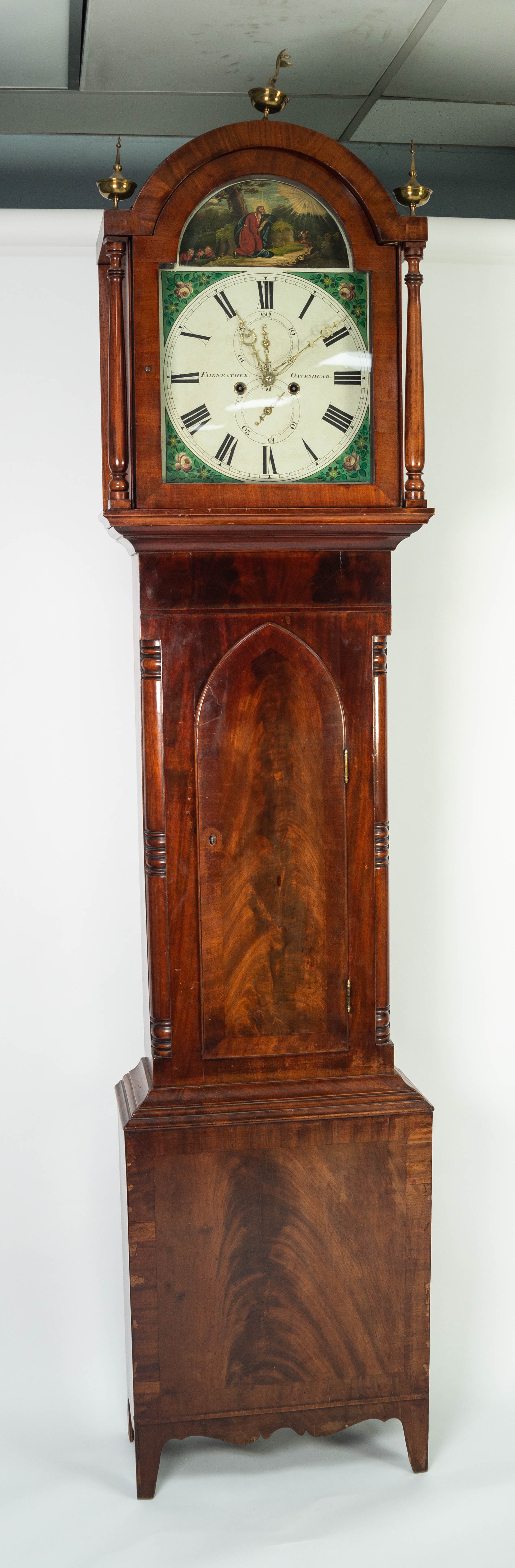 NINETEENTH CENTURY FIGURED MAHOGANY LONGCASE CLOCK SIGNED FAIRWEATHER, GATESHEAD, the 13? painted