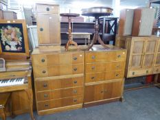 AN OAK CHEST OF FIVE DRAWERS, THE TOP DRAWER HAVING FITTED SECRETAIRE, A MATCHING OAK THREE DRAWER