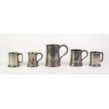 TWO ANTIQUE PEWTER TANKARDS, QUART and PINT, together with THREE LATER, HALF PINT EXAMPLES, (5)