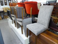 A SET OF SIX ALL-UPHOLSTERED HIGH BACK DINING CHAIRS, COVERED IN GREY WEAVE, ON STRAIGHT SQUARE