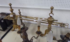 PAIR OF EDWARDIAN BRASS ANDIRONS, AND A MATCHED SET OF THREE ANTIQUE BRASS FIRE TOOLS, (5)