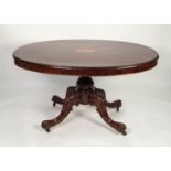 MID VICTORIAN INLAID BURR WALNUT AND ROSEWOOD OVAL BREAKFAST TABLE, the crossbanded, tilt-top with