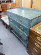 A GREEN STAINED OAK CHEST OF FOUR GRADUATED LONG DRAWERS, WITH BRASS DROP HANDLES, 3? WIDE, 3? HIGH