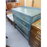 A GREEN STAINED OAK CHEST OF FOUR GRADUATED LONG DRAWERS, WITH BRASS DROP HANDLES, 3? WIDE, 3? HIGH