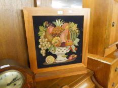 A MAHOGANY GRATE SCREEN, FRAMING A PICTORIAL NEEDLEWORK TAPESTRY OF A BOWL OF FRUIT