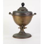TINNED COPPER AND BRASS TWO HANDLED PEDESTAL SMALL TEA URN, with black knop and handles, 13? (