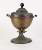 TINNED COPPER AND BRASS TWO HANDLED PEDESTAL SMALL TEA URN, with black knop and handles, 13? (