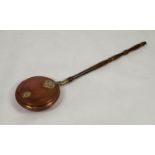 COPPER AND BRASS BED WARMING PAN with turned wood long handle