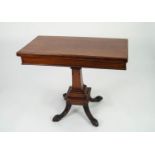 NINETEENTH CENTURY CARVED MAHOGANY PEDESTAL CARD TABLE, the oblong swivel and fold-over top,