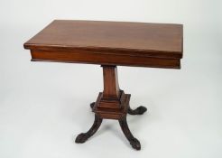 NINETEENTH CENTURY CARVED MAHOGANY PEDESTAL CARD TABLE, the oblong swivel and fold-over top,