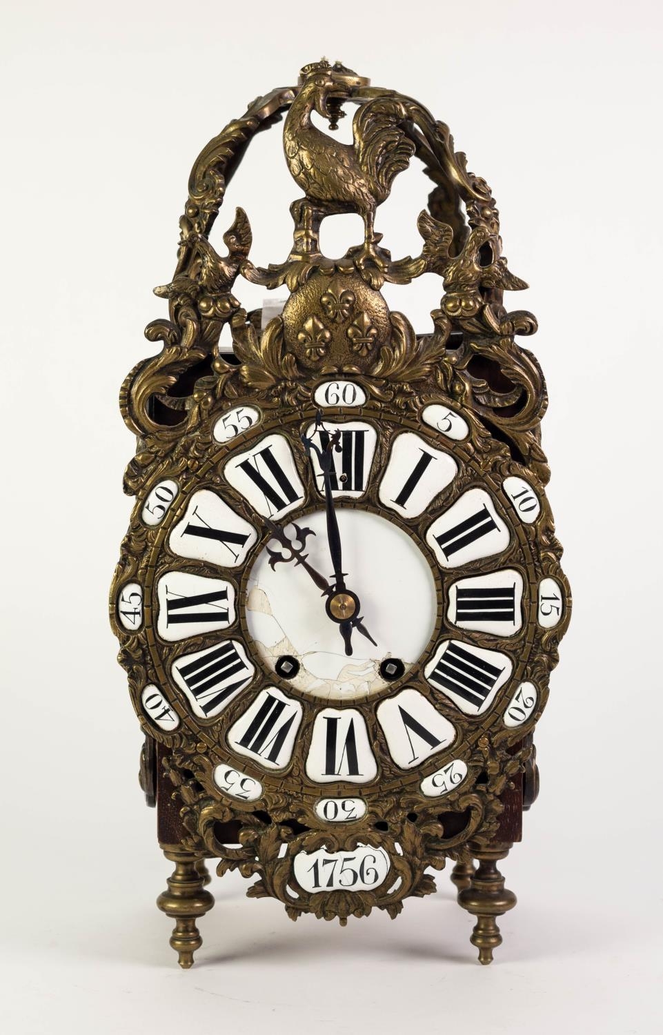 MODERN CONTINENTAL REPRODUCTION GILT METAL MOUNTED STAINED FRUITWOOD LANTERN STYLE MANTLE CLOCK, the - Image 2 of 2